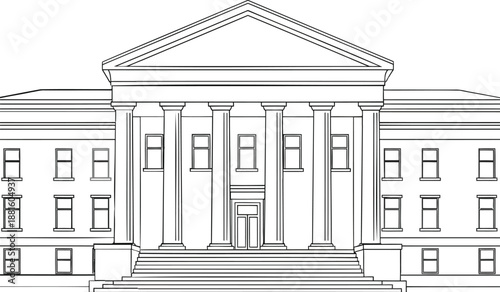 Large neoclassical building with columns and triangular pediment on white background