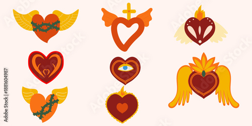 Sacred mexican heart, luxury corazon, graphic flat vector signs, valentine retro design