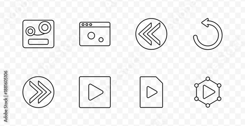 Playback media set icon. Tape reel, browser, rewind, refresh, forward, play square, file play, network play drawn in outlined style with transparent background