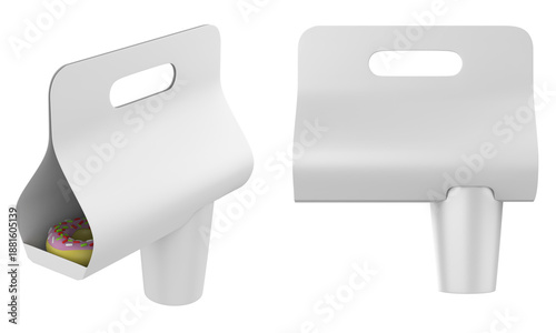 Coffee and Donut packaging box with handle, box drink take away cup holder. 3d illustration