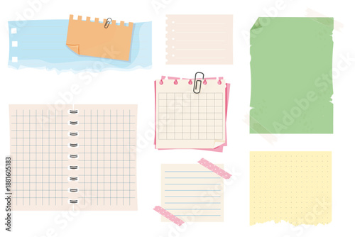 Memo sheets, notes, torn labels and taped pages. Sticky planner elements, checklist and list paper for scrapbooking or school. Template set. White and craft paper.