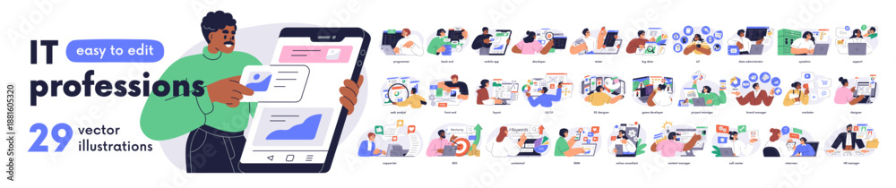 Obraz premium Information technology business set. IT specialists work on internet. Software development, 3d and web design, programming, marketing. Flat graphic vector illustrations isolated on white background