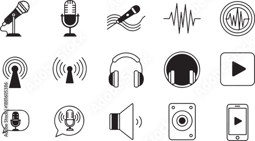 Black and white icons related to audio and video recording and playback