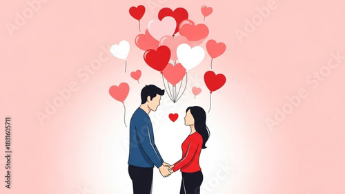 Couple holding hands under a cascade of heart balloons symbolizing love and romance for Valentines Day or wedding invitations flat illustrati