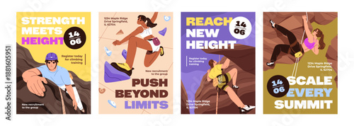 Set of advertising posters for sport gym with climbing wall. Promotion designs of bouldering with climbers on layouts. Templates with alpinists training on rock, mountain. Flat vector illustrations