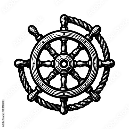 Vintage nautical ship wheel with rope design in black and white.