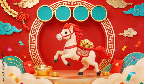 3D Rendered Illustration of a Festive Year of the Horse Scene with a Galloping Horse, Golden Ingots, and Auspicious Clouds on a Red Background, Symbolizing Prosperity and Good Luck