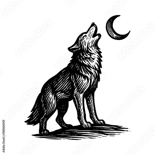Howling wolf illustration under crescent moon in black and white.