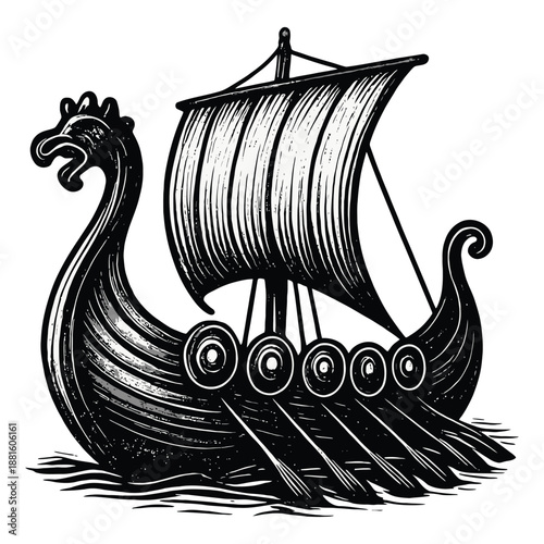 Intricate viking longship with decorative dragon head and five shields.