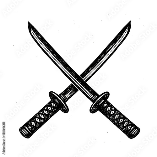 Crossed katana swords in black and white illustration.