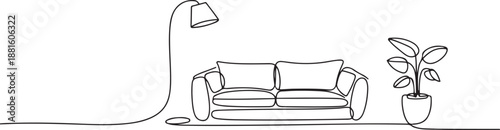 Continuous one line drawing of Sofa with lamp lampshade and home plant.one line vector illustration with out background