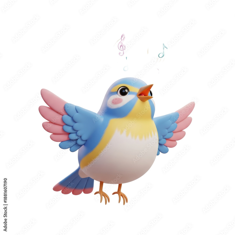 Fototapeta premium A vibrant blue and yellow bird with outstretched wings singing melodiously in a serene environment from a front viewpoint.