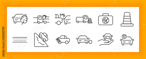 Car accident set icon. Crashes, collision, repair, cones, toolbox, terrain, diagnostics, smoke, side impact, and road hazards shown with vehicle outlines.