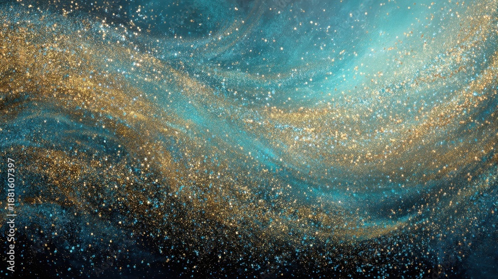 Fototapeta premium Glittering gold and teal particles swirling, creating a dynamic, vibrant abstract background. Festive decoration art for celebration, magic, and luxury design.