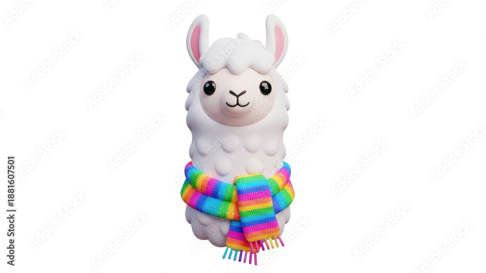 Fototapeta premium A cute cartoon llama wearing a rainbow blanket stands smiling directly facing the viewer