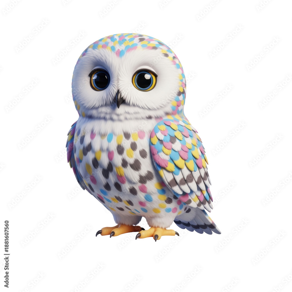 Fototapeta premium A vibrant owl with colorful spots stands on a branch, showcasing its striking features and playful nature in a whimsical illustration.