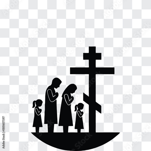 Orthodox Family Prayer Silhouette, Reverent Group Before Cross Minimal Spiritual