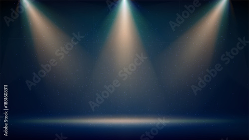 Spotlight backdrop. Illuminated blue stage. Background for displaying products. Bright golden rays spotlights, shimmering glittering particles, a spot of light. Vector illustration