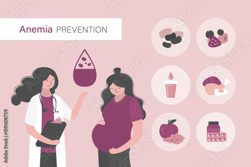 Pregnant women suffer from anemia. Infographic about pregnancy and anemia. Medical care, healthy lifestyle. Doctor talking patient. Hypoglycemia concept, disease and prevention.