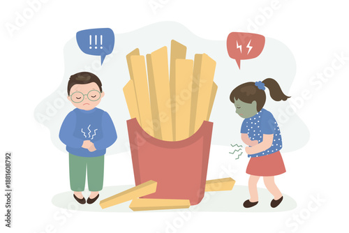 Little boy and girl having a stomachache after eating fast food. Children suffering a painful abdominal pain due to gastritis disease after eating french fries. Junk food.