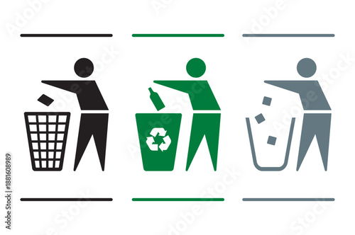 Stick man throwing trash into garbage can , Man throw garbage with recycle symbol icon Set 