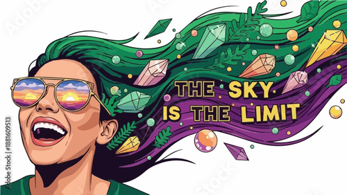 The Sky Is The Limit - Vibrant Pop Art Illustration of a Laughing Woman with Crystals and Bubbles in her Hair