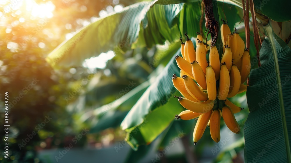 Naklejka premium Ripe bunch of yellow banana hanging from plant in bright sunlight. Organic fruit harvest concept for healthy eating.