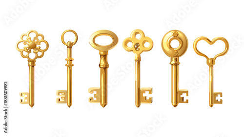 Gold coated realistic keys set with luxury designs. Vector vintage metal devices with notched blade. Various shapes and sizes of passkey collection. Simple retro design of golden lockpicks