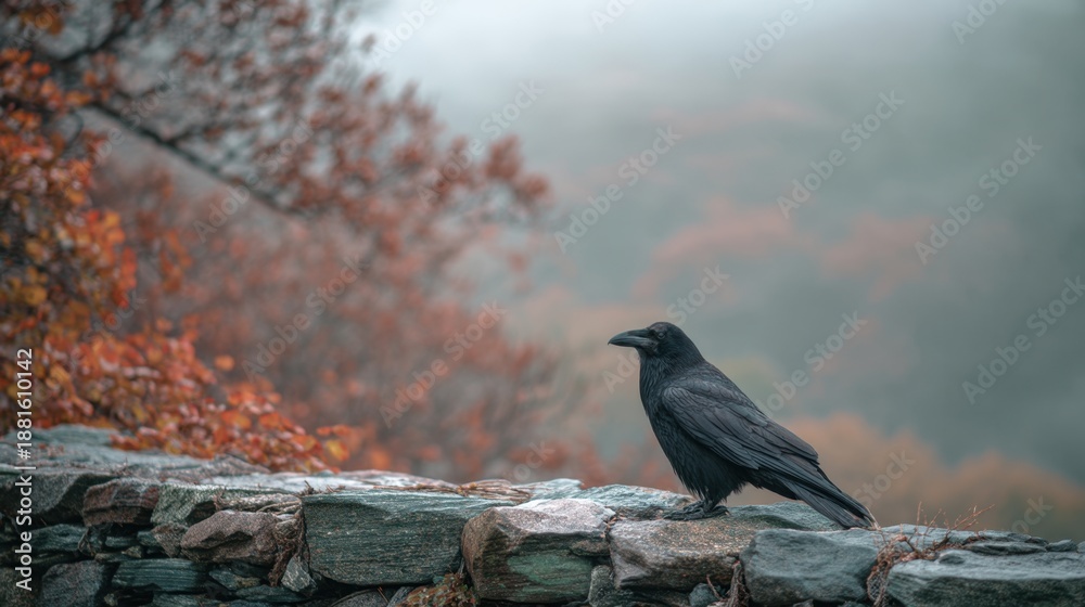 Fototapeta premium Black bird on a stone wall close up among colorful autumn leaves in foggy weather. Seasonal wildlife capture for nature concept.