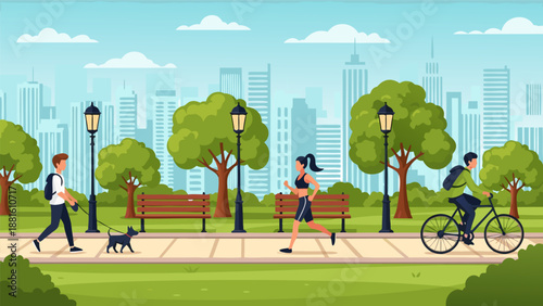 City park vector illustration of people enjoying outdoor activities like walking a dog, running, and cycling with trees and buildings in background