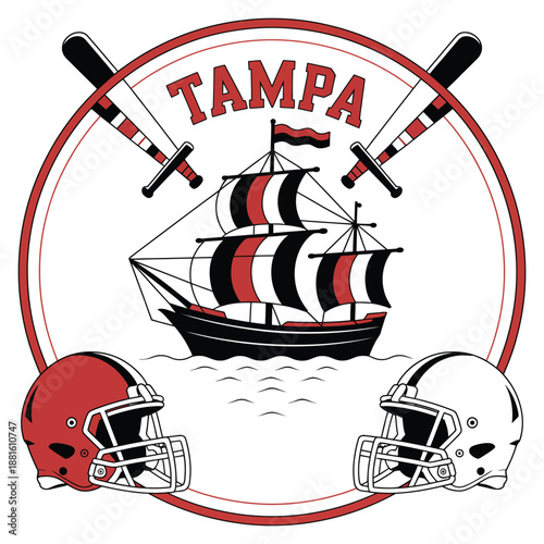 Tampa round sports design with pirate ship, helmets, and footballs in red and black illustration, vector artwork for team branding, fan merchandise, sports logos, and professional graphic projects.