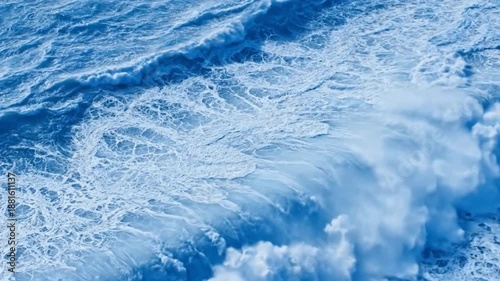 Crashing Ocean Wave with White Foam | Blue Sea Water Surface Aerial View