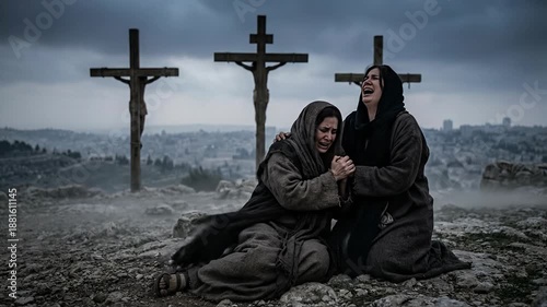 Two Sorrowful Women Mary and Magdalene Crying on Ground near Three Wooden Crosses on Calvary Hill Depicting Grief during Crucifixion of Jesus Christ