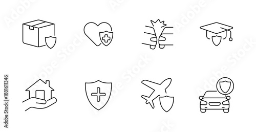 Insurance set icon. Box, heart, spine, diploma, house, shield, airplane, car with shield overlays drawn in line style focusing on coverage and protection.