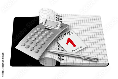 Finanzen   Rechner mit Notizbuch und Kalender  Datum 1. Januar 2026 Hintergrund transparent PNG cut out