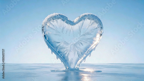Heart shaped ice sculpture melts under clear blue sky at bright time of day