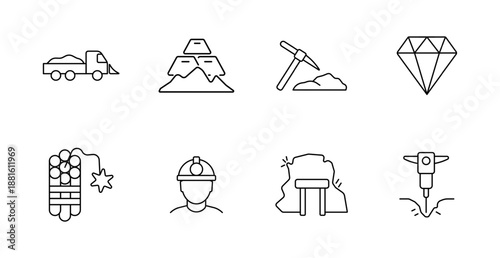 Mining set icon. Dump truck, gold bars, pickaxe, diamond, dynamite, helmet, mine tunnel, jackhammer illustrated in strong linear industrial style.
