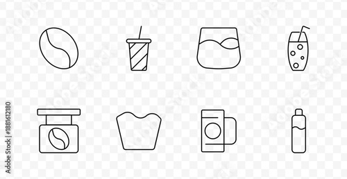 Drink set icon. Coffee bean, striped cup, glass, soda, coffee jar, paper bag, beer mug, bottle.