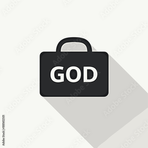 Black business bag with word God, concept of faith and spirituality in professional life. Useful for discussions on belief in workplace and personal development.