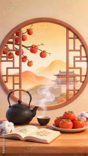 3D Rendered Traditional Chinese Tea Ceremony Scene with Black Teapot, Persimmons, Open Book and Classic Lattice Window Overlooking Mountain Landscape, Ideal for Cultural and Relaxation Concepts