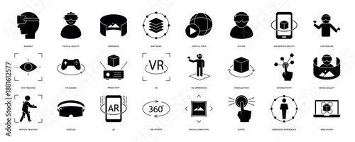 Virtual reality icon set. Containing VR, augmented reality, headset, immersive, mixed reality, AR, VR experience, mixed reality and more. Solid vector icons collection, eps 10.