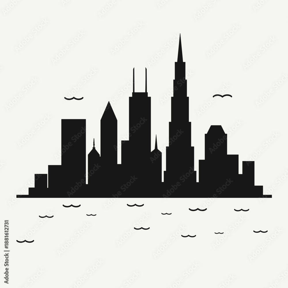 Obraz premium Black silhouette of modern city skyline with varying heights and architectural styles. This image represents concepts of urban development, city planning, and architectural diversity.