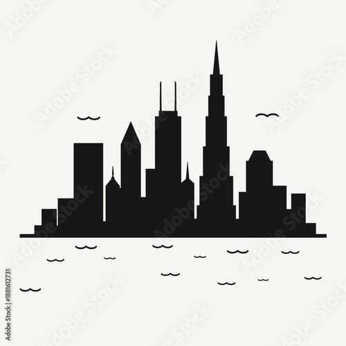 Black silhouette of modern city skyline with varying heights and architectural styles. This image represents concepts of urban development, city planning, and architectural diversity.