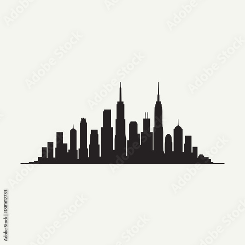 City skyline silhouette with various tall buildings and structures, representing urban life and architectural design. Useful for concepts in real estate, tourism, or city planning.