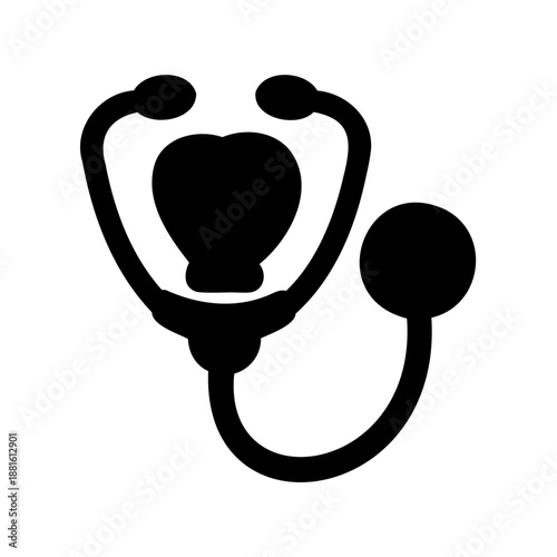 A simple black silhouette icon of a stethoscope with a heart-shaped chest piece, symbolizing medical care and cardiology Vector, illustration