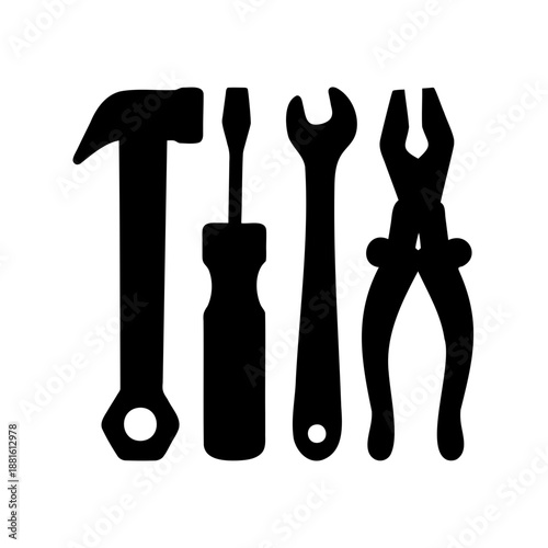 Essential hand tools set for common repairs and everyday tasks in a simple silhouette Vector, illustration