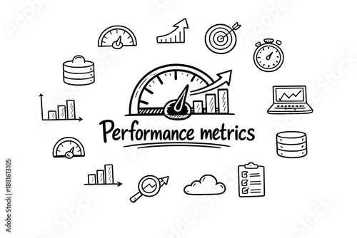 Performance metrics. Hand-drawn doodle illustration of Performance metrics. In the middle,