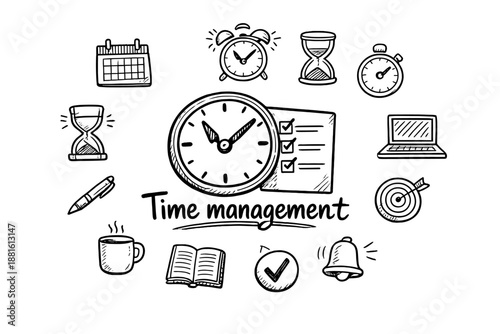 Time management. Hand-drawn doodle illustration of Time management. In the middle, one slightly larger central