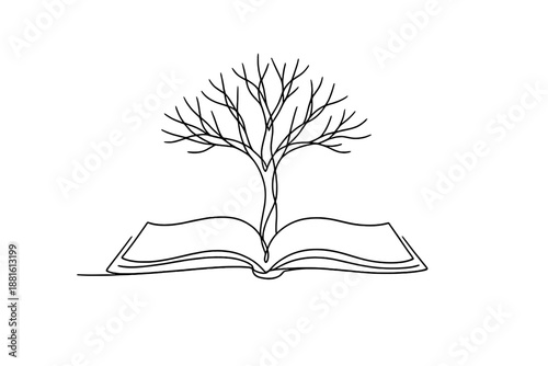 "Tree growing from book". Minimalistic one-line drawing open book with a tree sprouting from