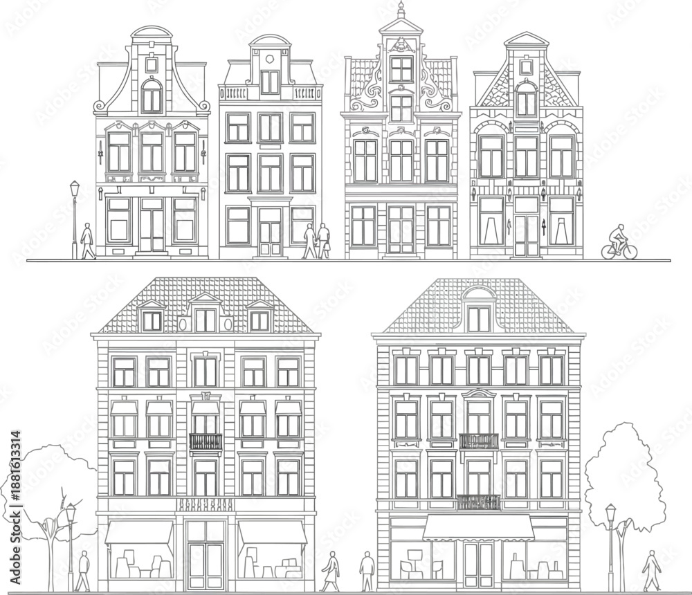 Fototapeta premium Coloring Page of Traditional Dutch Canal Houses with Detailed Architecture and Street Life Outline
